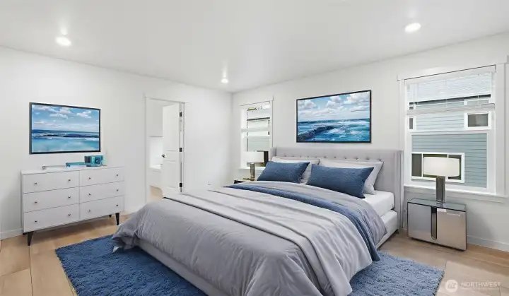 A calm, inviting primary bedroom retreat — virtually staged to inspire your own design vision.