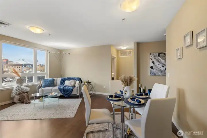 Beautiful modern living space with hardwoods and views of the Sound, Space needle, Key arena and more.