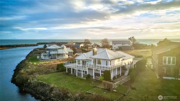 Aerial of home from marina