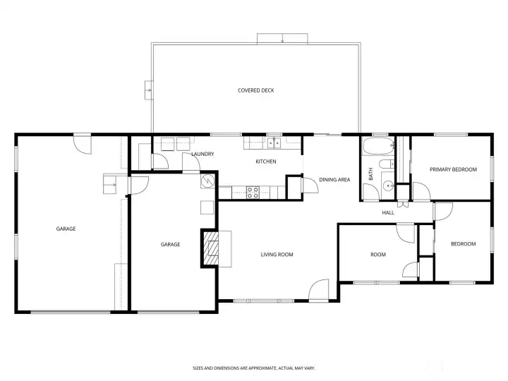 This floorplan shows the layout of the home, garages, and back patio. It's ideally designed for many uses!