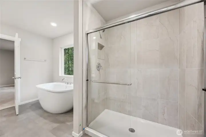 Tile shower with an easy to clean fiberglass floor. Picture for representational purposes only, colors and features may vary.