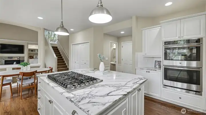 Gas stove-top, double oven lead to spacious nook, large pantry, and family room.