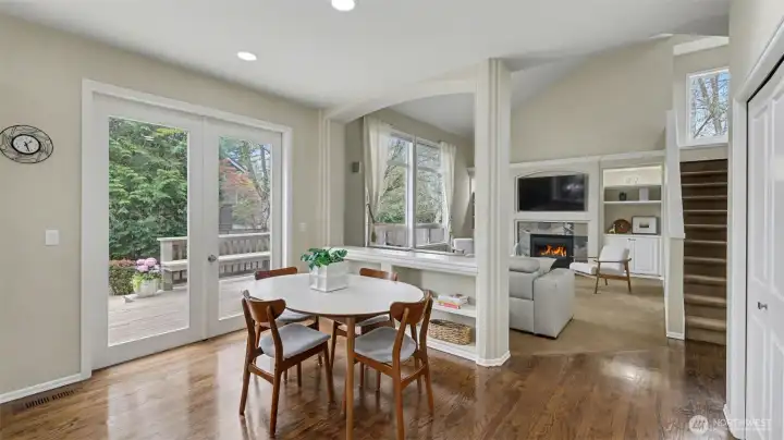 Detailed millwork throughout with extensive built-ins, plus in-wall speakers in the family room for a vibe that matches any mood.