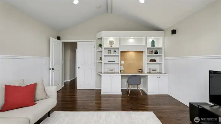 So many options for this room. The built-in desk is excellent for a second office, craft area, art space, or designated homework area.