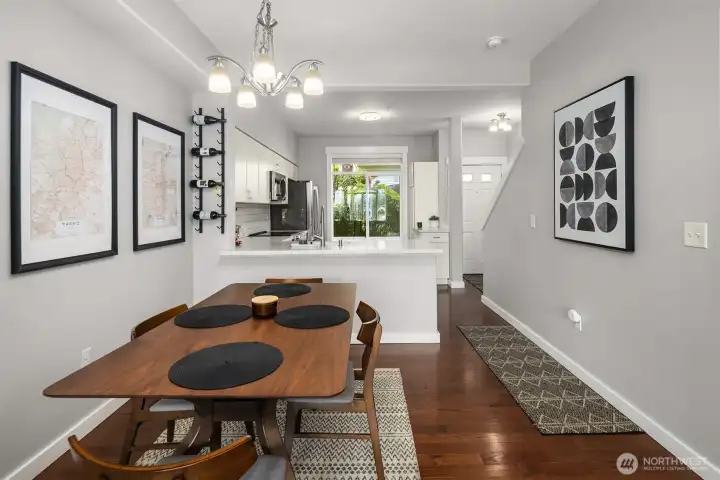 Seamless flow from kitchen to dining.