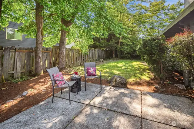 Fully fenced back yard with Patio