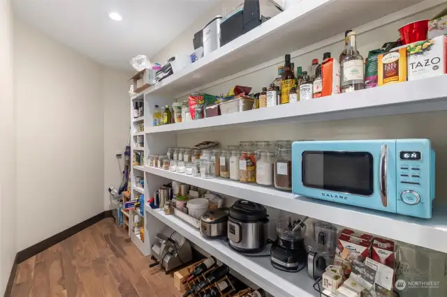 Large walk in pantry with shelving and extra space for storage.