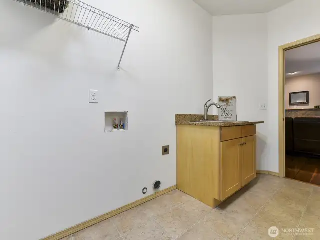 Utility room has sink and storage area.