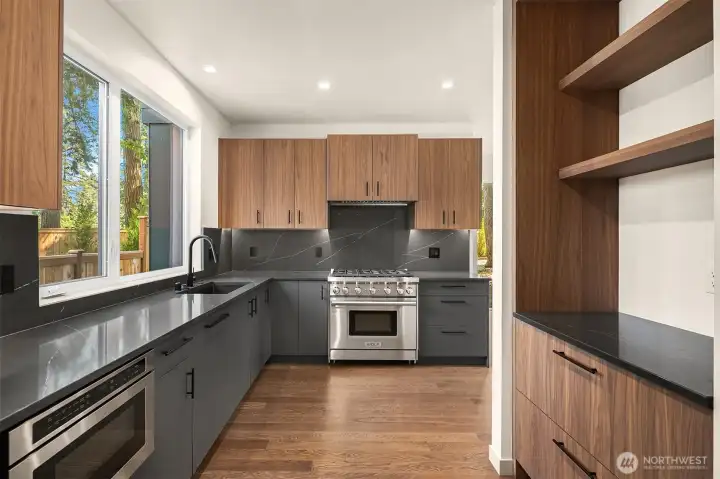 Gas Stove and Custom Hood, Integrated Dishwasher, French Door Style Refrigerator