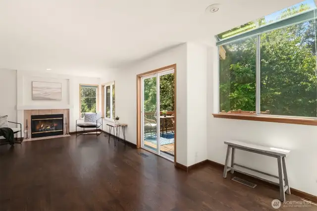 View from kitchen into dining area and family room