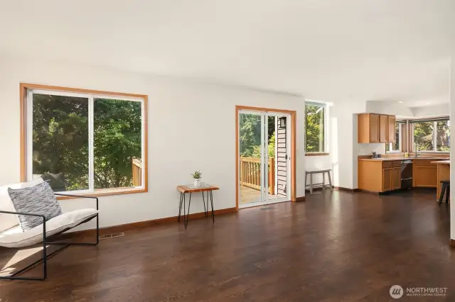 View towards kitchen shows sliders to deck