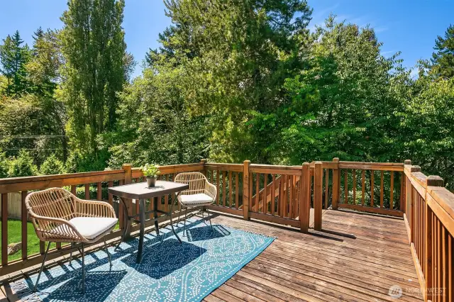 Deck overlooking the large fenced yard