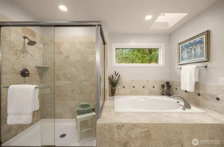 Bright, spa-inspired primary bathroom illuminated by skylights and expansive windows