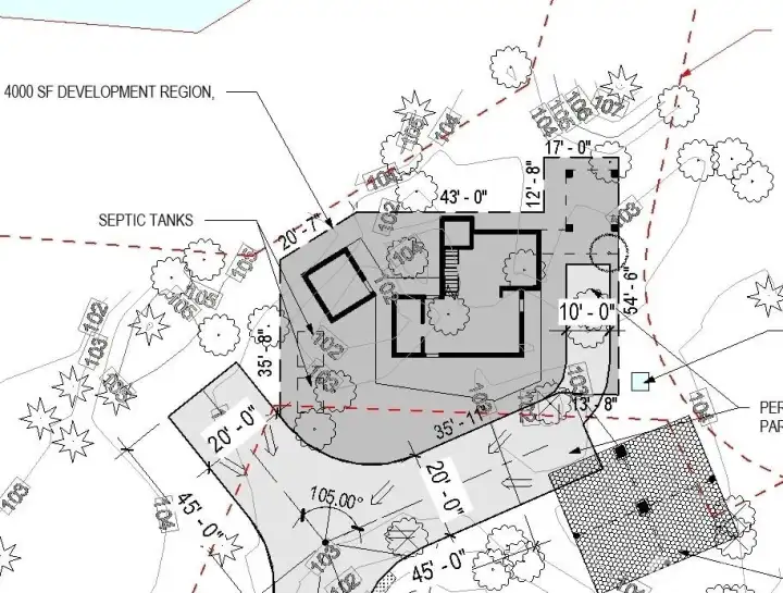 Architect’s site drawing illustrating potential home location, driveway, and utilities