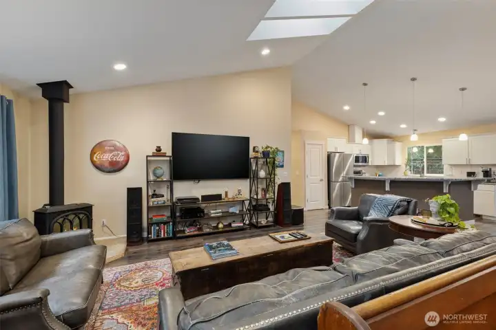 The home lives large and bright with skylights for added sunshine.