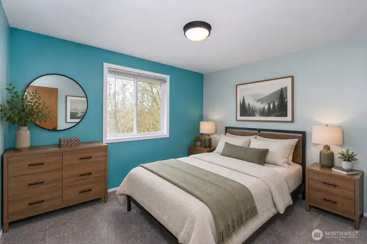 This AI digitally staged photo demonstrates the 2rd bedroom. Sellers have just move their furniture from the home.