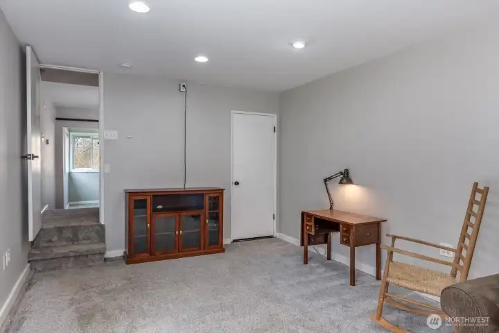 Rec room on the lower level with view to closet and crawl space acess