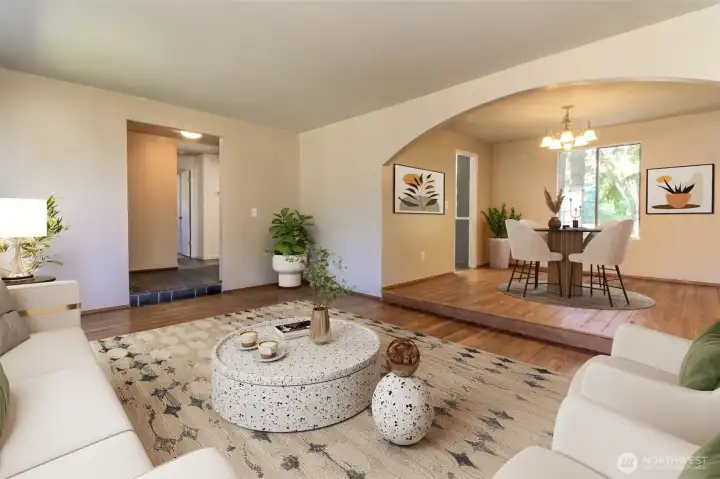Living room looking into dining room. Virtually staged. Living room looking into dining room. Virtually staged.