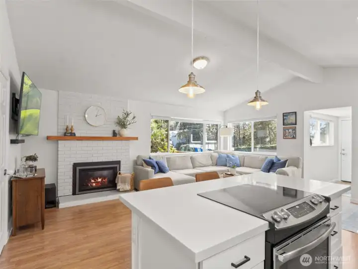 Super clean and cozy kitchen and living space.