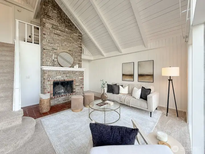 Living room with wood fireplace