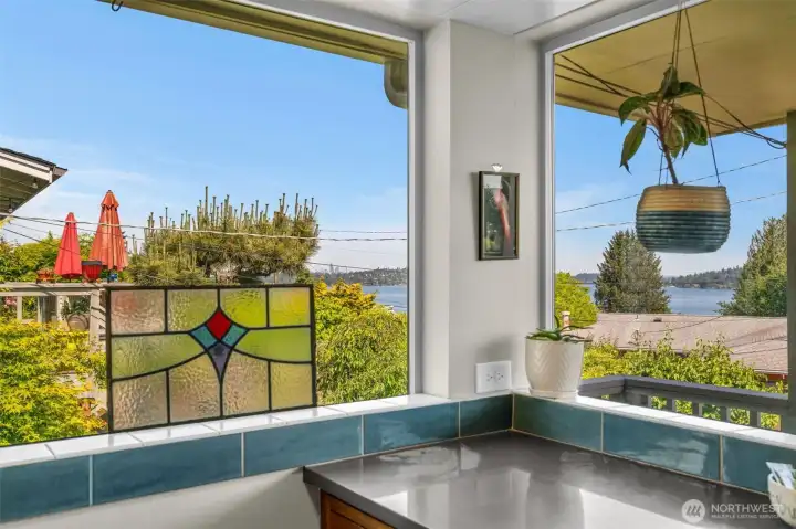 Spacious kitchen with picturesque views.