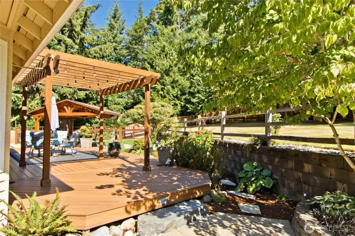 Large deck with pergola for all year use.
