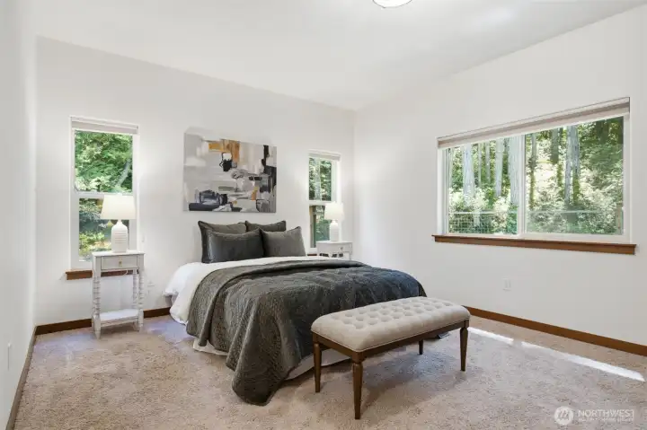 Primary bedroom on the main floor with large walk-in closet and tons of natural light