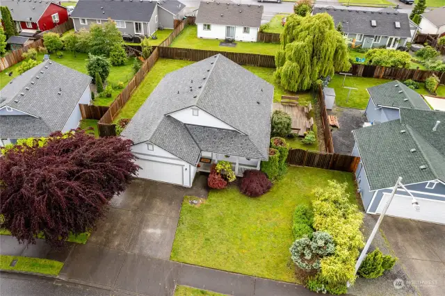 Drone view of front & backyard. Established perennials & located in a great neighborhood.