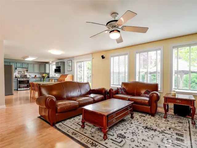 Warm and cozy family room with ceiling fan.
