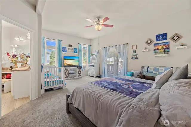 Large peaceful primary bedroom with large walk-in closet, large en-suite bathroom attached, sliding glass doors to back deck