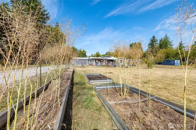 Large front yard area of main home with raised garden beds