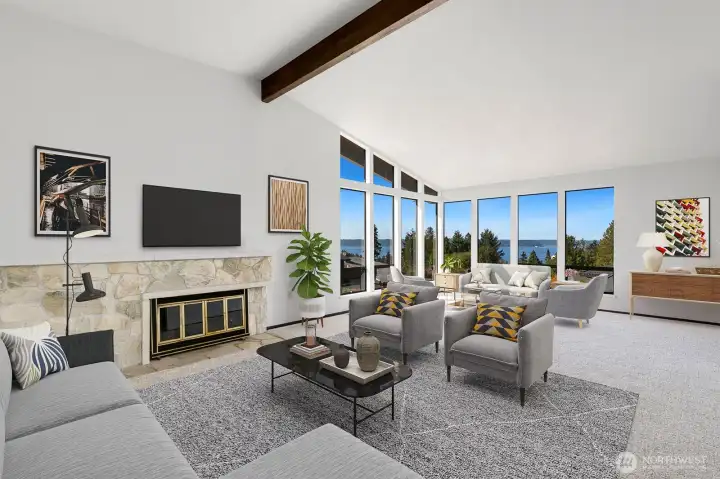 Livingroom! Spacious and airy with vaulted ceiling, exposed beam, wood burning fireplace with Montana Travertine and Terrazo hearth and mantle.  Fresh Benjamin Moore Aura paint and New carpet recently installed. Virtual staging.