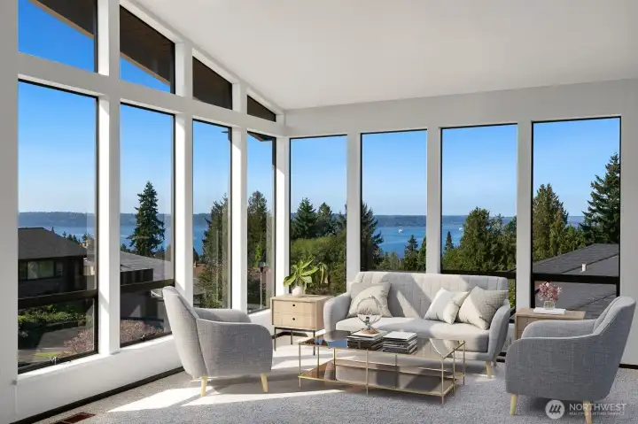 A gracious wall of windows in the corner of the home has you connected to the view at all times of day and night.