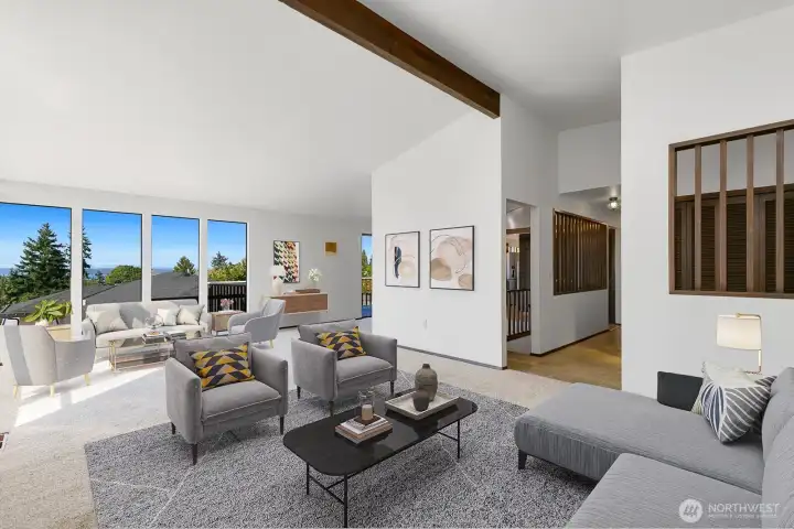Livingroom with entry on the right. Virtual staging.