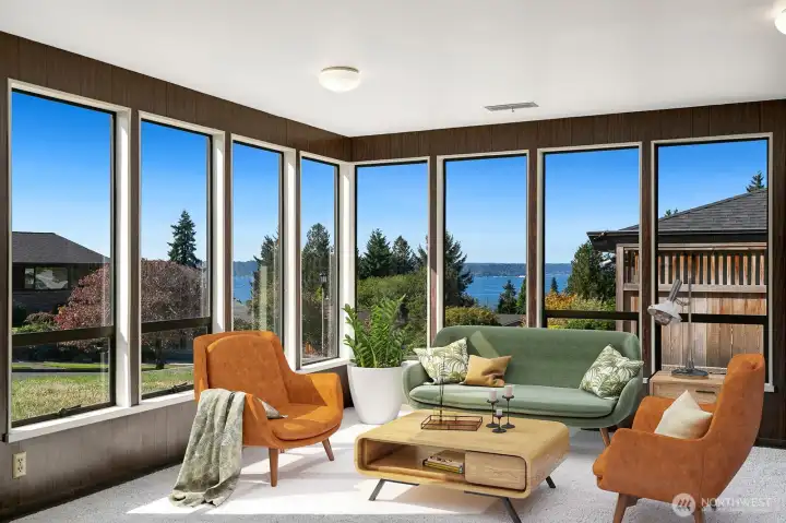 Lower family room has a great view of the Sound!