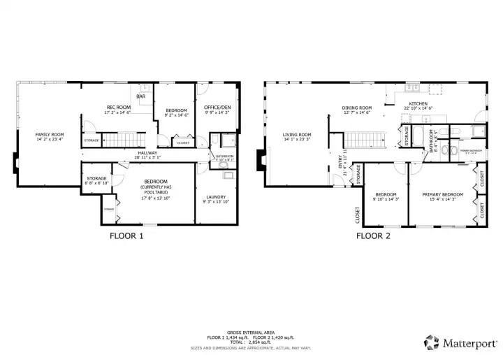 Floorplans for the home created with 3-D Matterport Tour.  This shows approximate measurements and other information and is missing closets here and there.