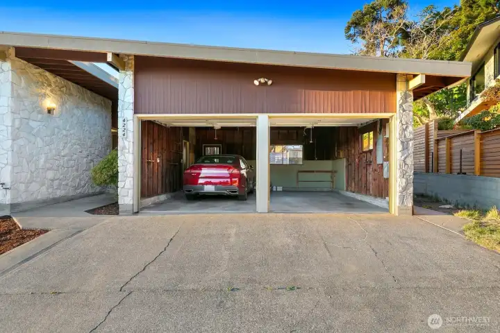 The 2-car garage is roomy and has extra height inside to add storage.