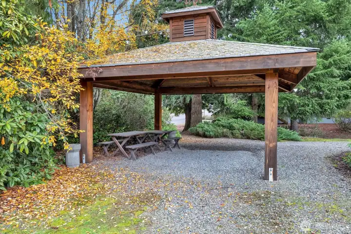 Gazebo area with tables and benches for outdoor activities or gatherings