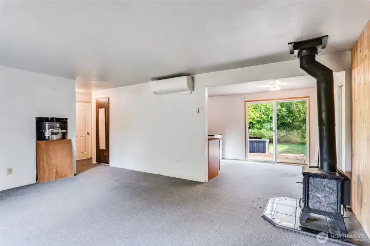 A mini-split heater in the living room provides heat and A/C