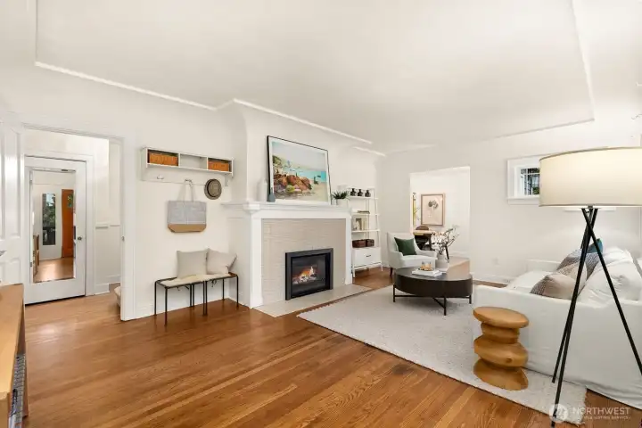 Bright and open living room with newly refinished hardwood fir floors