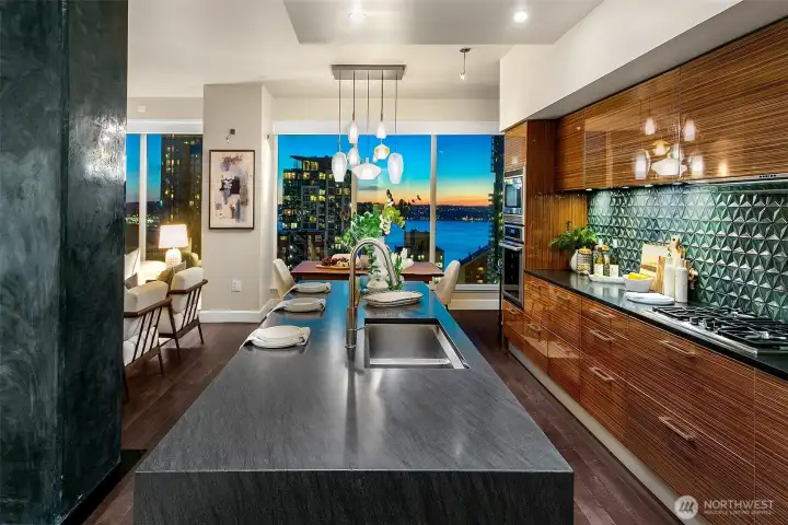 new sleek waterfall stone island & counter, designer back splash