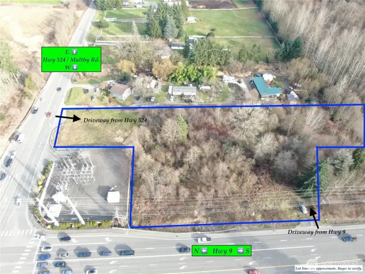2.73 Acres, Commercial land bordering both State Route Highway 9 and Highway 524 / Maltby Rd, each with a separate driveway access.