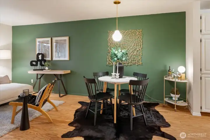 Dining space with pendant lighting.