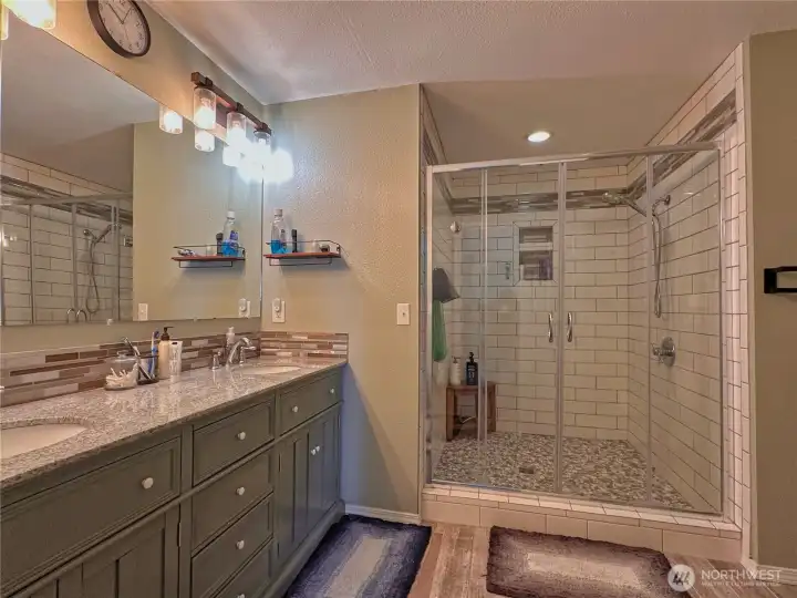Updated bathroom with granite counters and huge walk-in shower