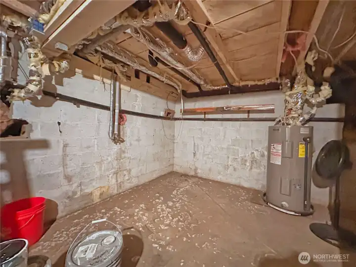 Partial basement for storage and access to plumbing lines