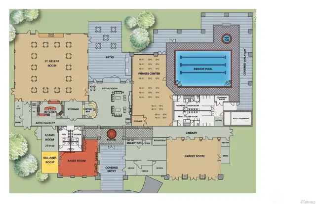 Large lodge for residents has many amenities.