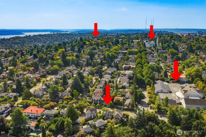 In this ariel shot, you can see how close this home is to great public and private schools... Stevens Elementary is the arrow in the lower right, St. Joes is the arrow in the upper right, Holy Names is the upper left arrow.  Not to mention that Seattle Prep is not in this photo but literally 5 minutes away!