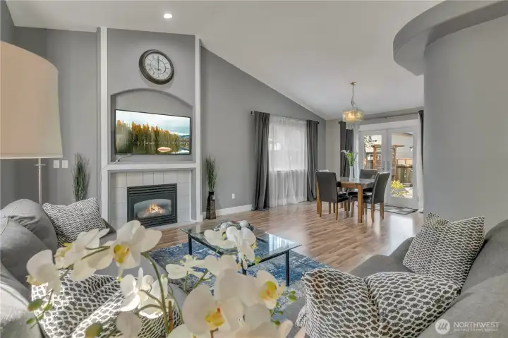 From this angle you can see into the dining room and the French doors leading to a smaller deck in the privale backyard and larger patio.