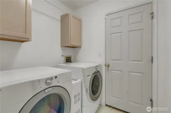 The utility room is equipped with a washer, dryer, cabinets, pull out storage shelf area plus there is another closet area to the right (not shown in the picture).