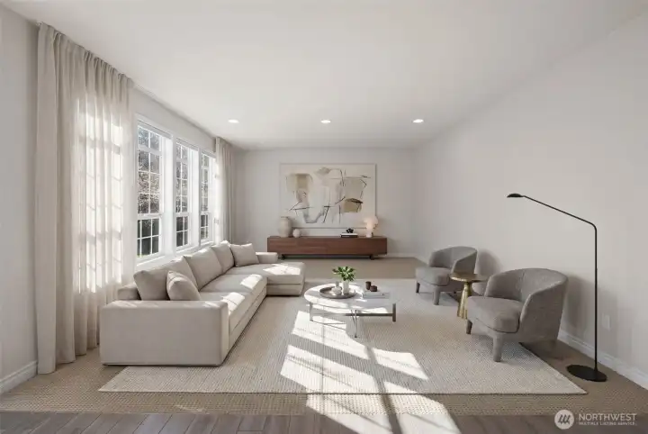 Staged Great room from Kitchen & Back Yard